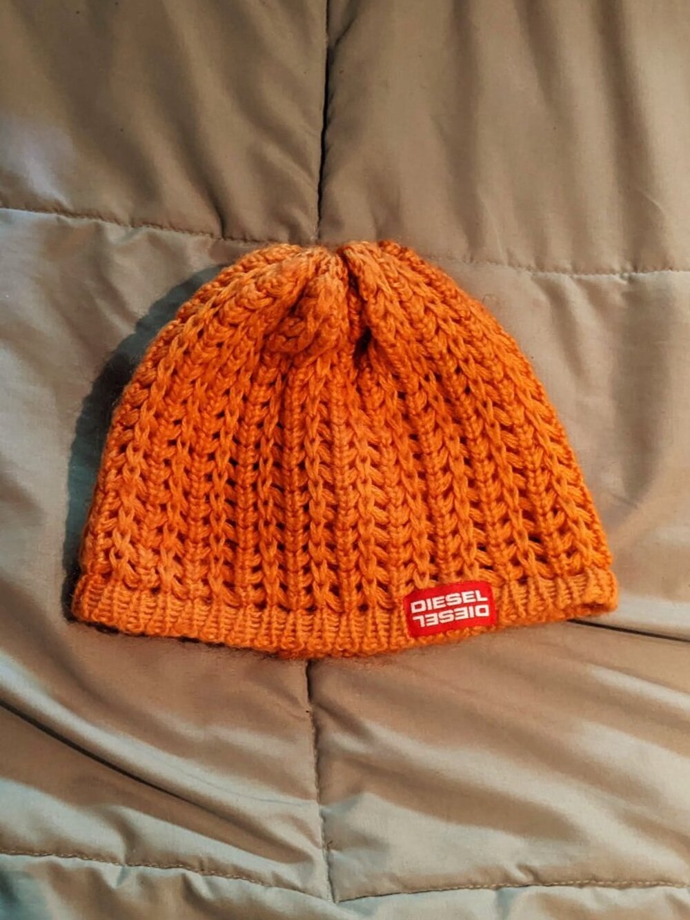 Diesel Orange Ribbed Knit Beanie Hat OS Unisex Winter Logo Patch